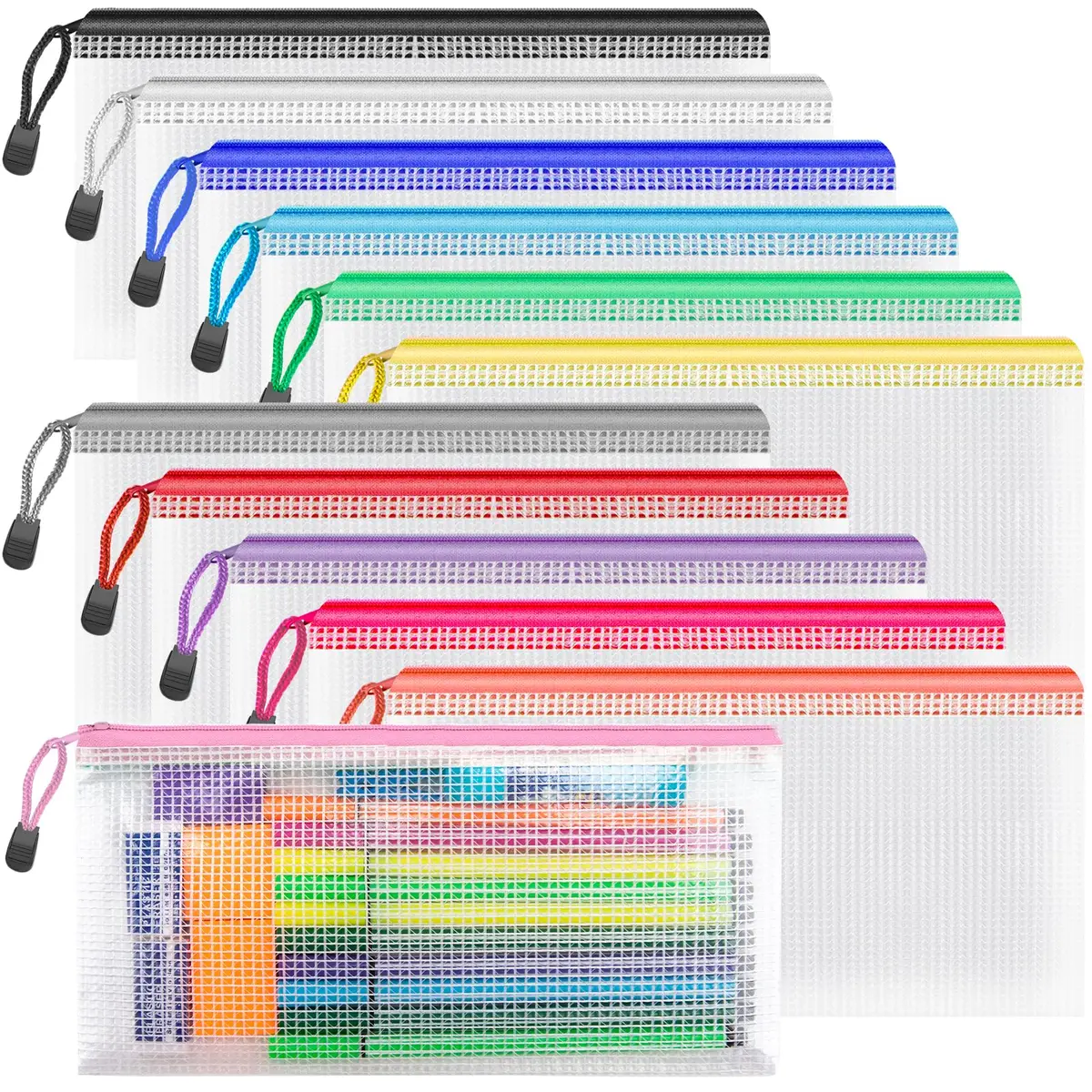 Umriox 12 Pack A6 Mesh Zipper Pouch Bags | Color Coded Small Organizer for Office & School - main product image