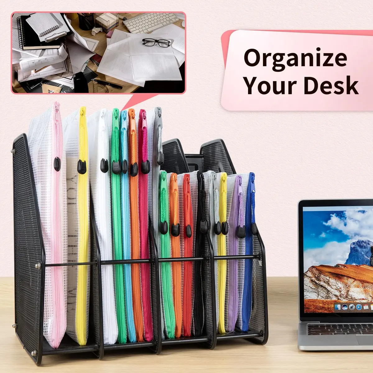 Umriox 12 Pack A6 Mesh Zipper Pouch Bags | Color Coded Small Organizer for Office & School - view 6