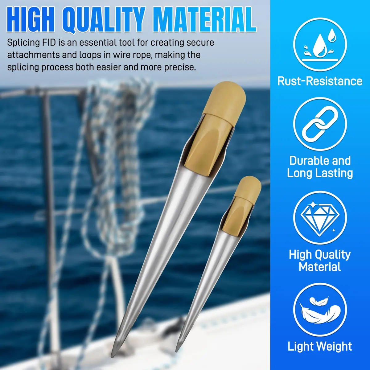 AGOOL Rope Splicing FID Stainless Steel Spike with Wooden Handle for Wire 1/8" 1/2" 1" | Durable Marine Hardware - view 5