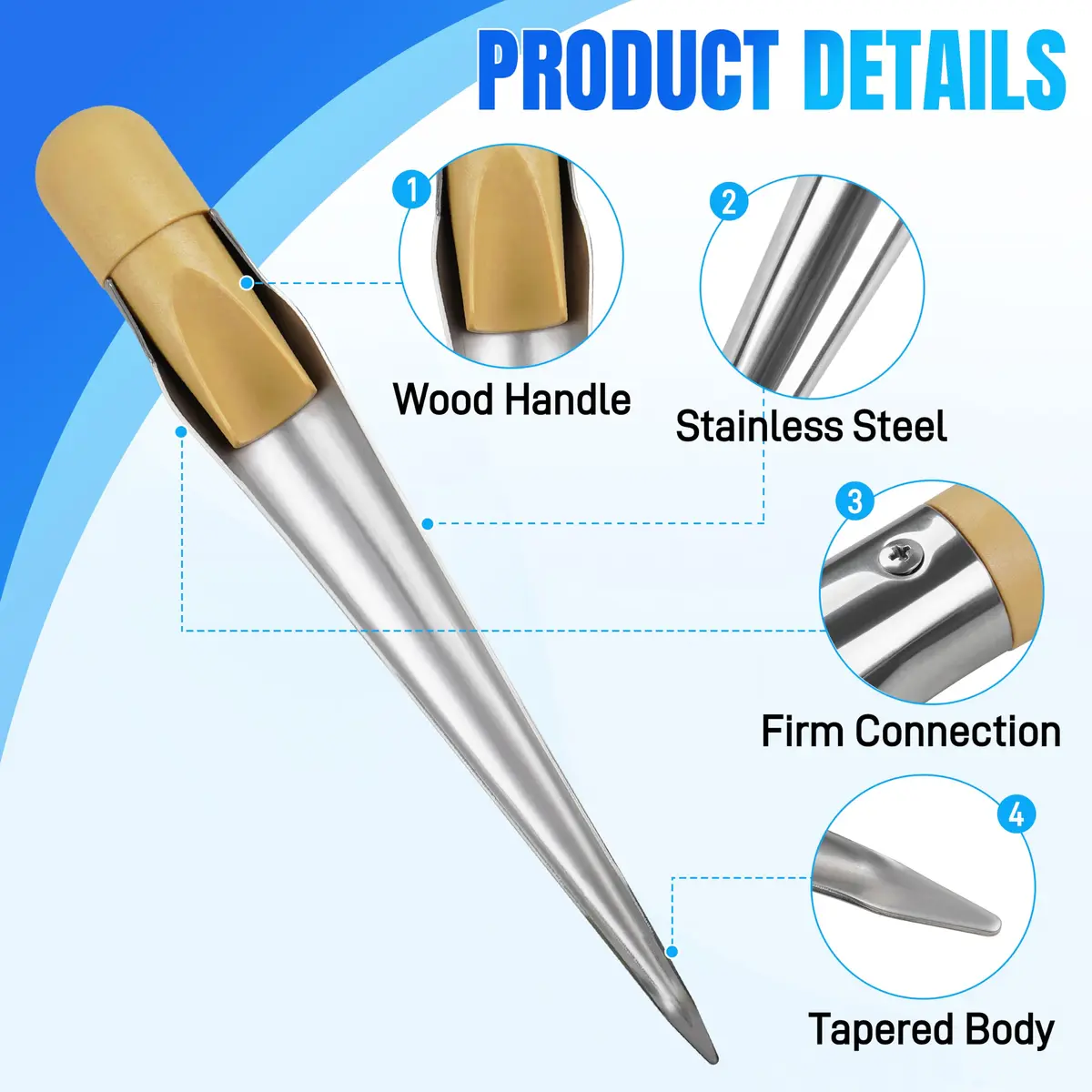 AGOOL Rope Splicing FID Stainless Steel Spike with Wooden Handle for Wire 1/8" 1/2" 1" | Durable Marine Hardware - view 2
