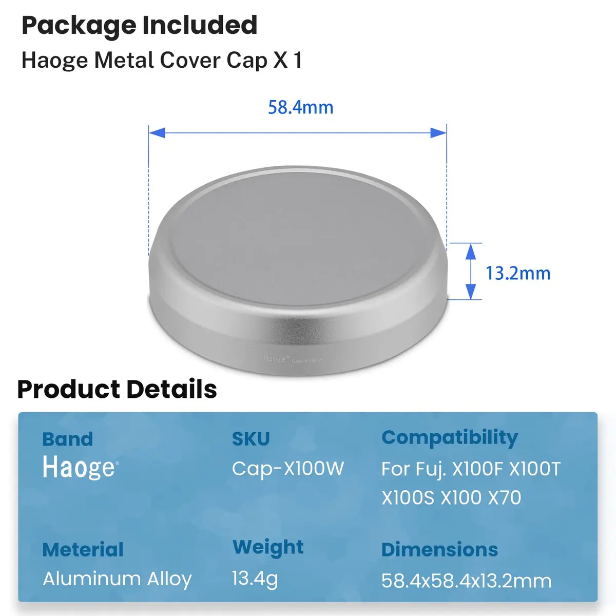 Haoge Cap-X100W Metal Lens Cap for Fujifilm Fuji X100F X100S X100T X100 X70 Camera Silver | Aluminum, Compatible with Fuji X100F/X100T/X100S/X100/X70 - view 6