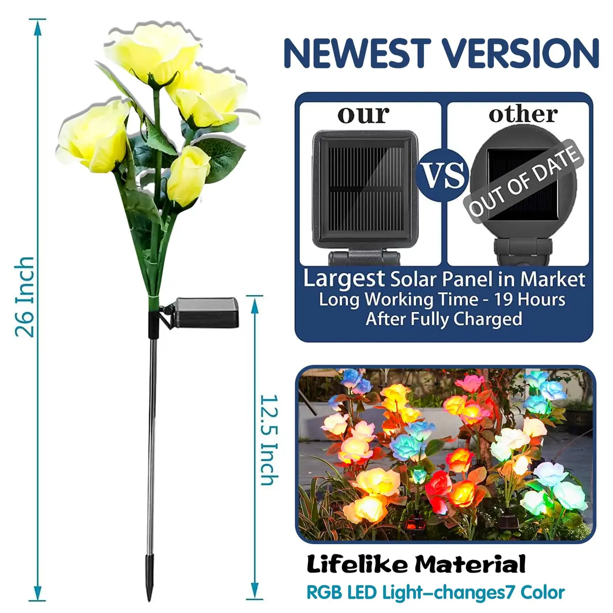 TONULAX Solar Garden Lights - Upgraded 7-Color Changing Rose Flower Lights (2 Packs) | Realistic LED Landscape Path Lights - view 3