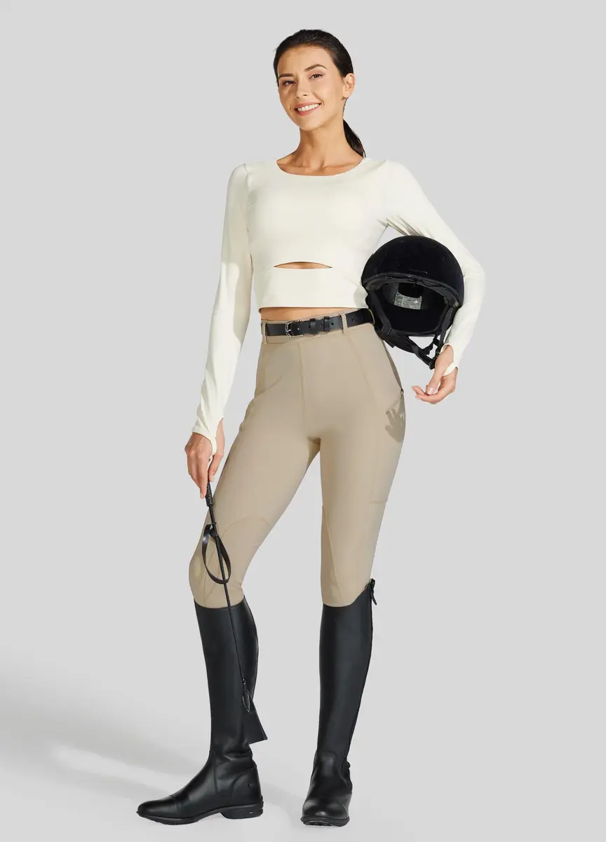 Willit Women's High Rise Riding Pants with Suede Knee Patches & Zip Pockets - Khaki Medium | 4-Way Stretch & UPF 50+ Sun Protection - view 6