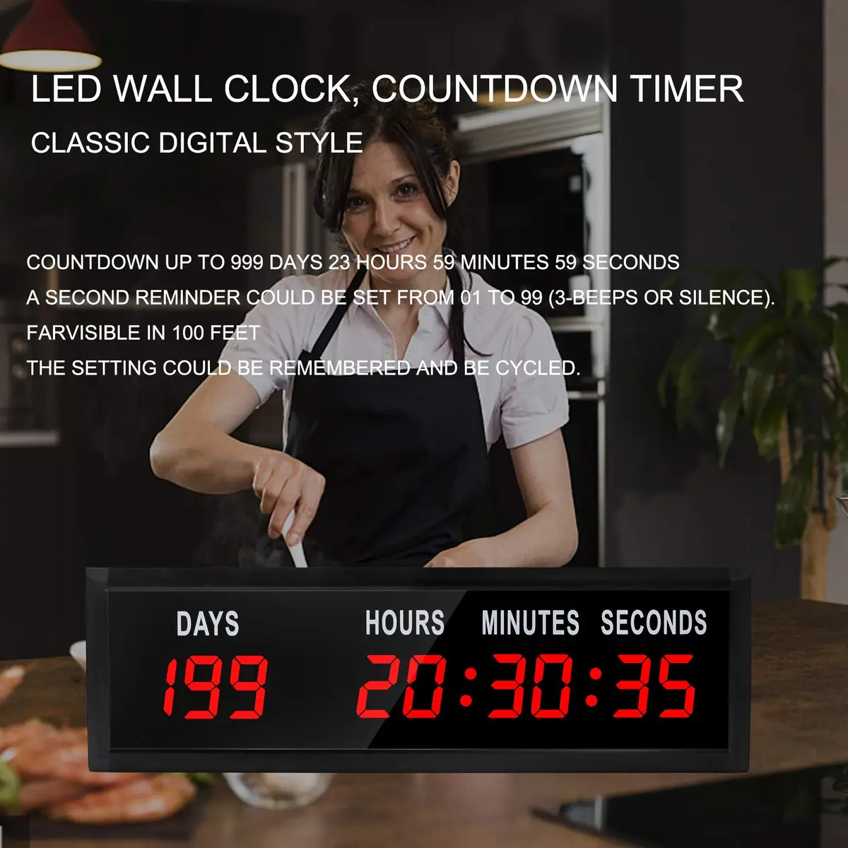 Jhering LED Countdown Clock with Remote, 51mm (1.8") Red Display, 364-Day Countdown Timer | Modern Aluminum Wall Clock - view 5