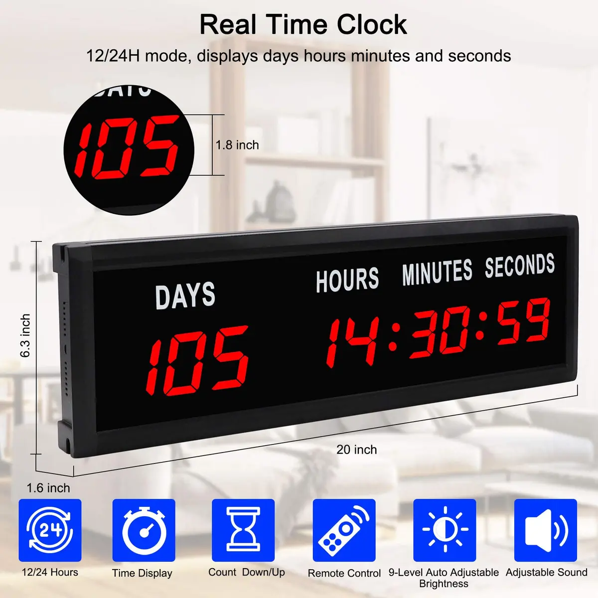 Jhering LED Countdown Clock with Remote, 51mm (1.8") Red Display, 364-Day Countdown Timer | Modern Aluminum Wall Clock - view 3