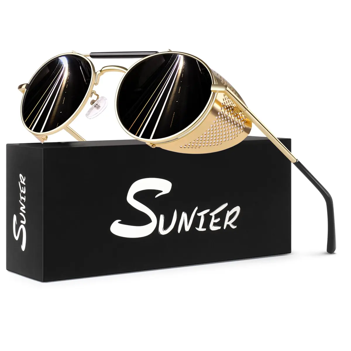 Sunier Round Polarized Steampunk Sunglasses Men Women Side Shield Goggles | UV400 HD Polarized Lens with Adjustable Fit - main product image