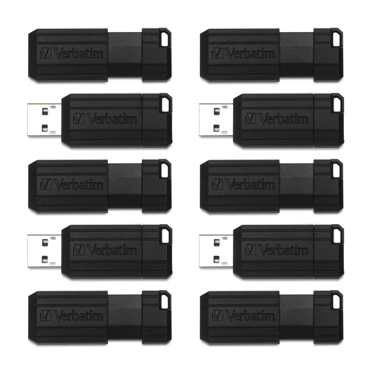 Verbatim 64GB Pinstripe USB 2.0 Flash Drive 10-Pack - Black, Retractable Connector - main product image