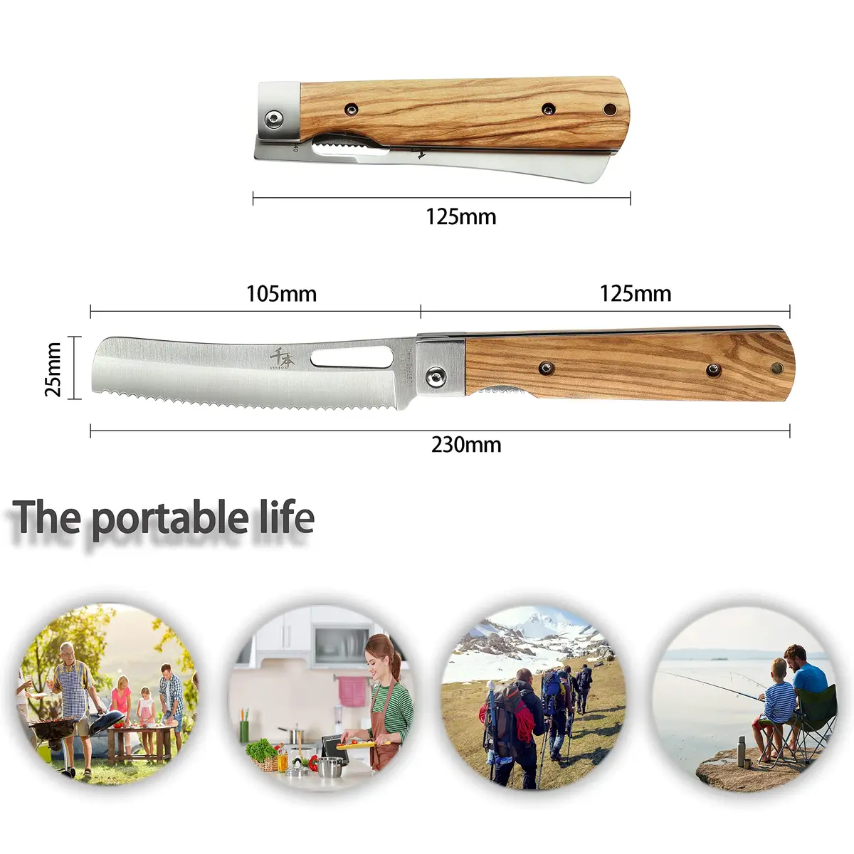 SENBON 440A Stainless Steel Pocket Folding Bread Knife 23cm (9in) | Serrated Blade with Olive Wood Handle - view 2
