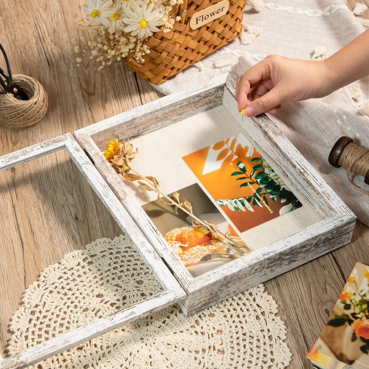 Califortree Shadow Box Frame 8.5x11 with Linen Back | Rustic White Display Case - view 3