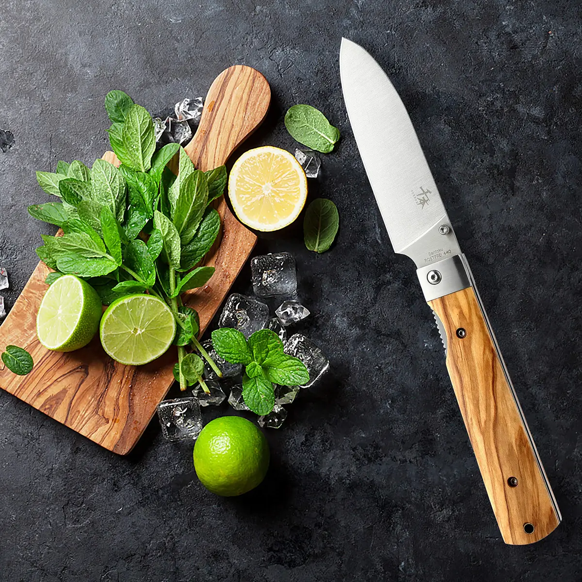 SENBON 440A Stainless Steel Folding Utility Knife 11.8cm (4.6in) Blade | Forged Blade, Olive Wood Handle - view 4