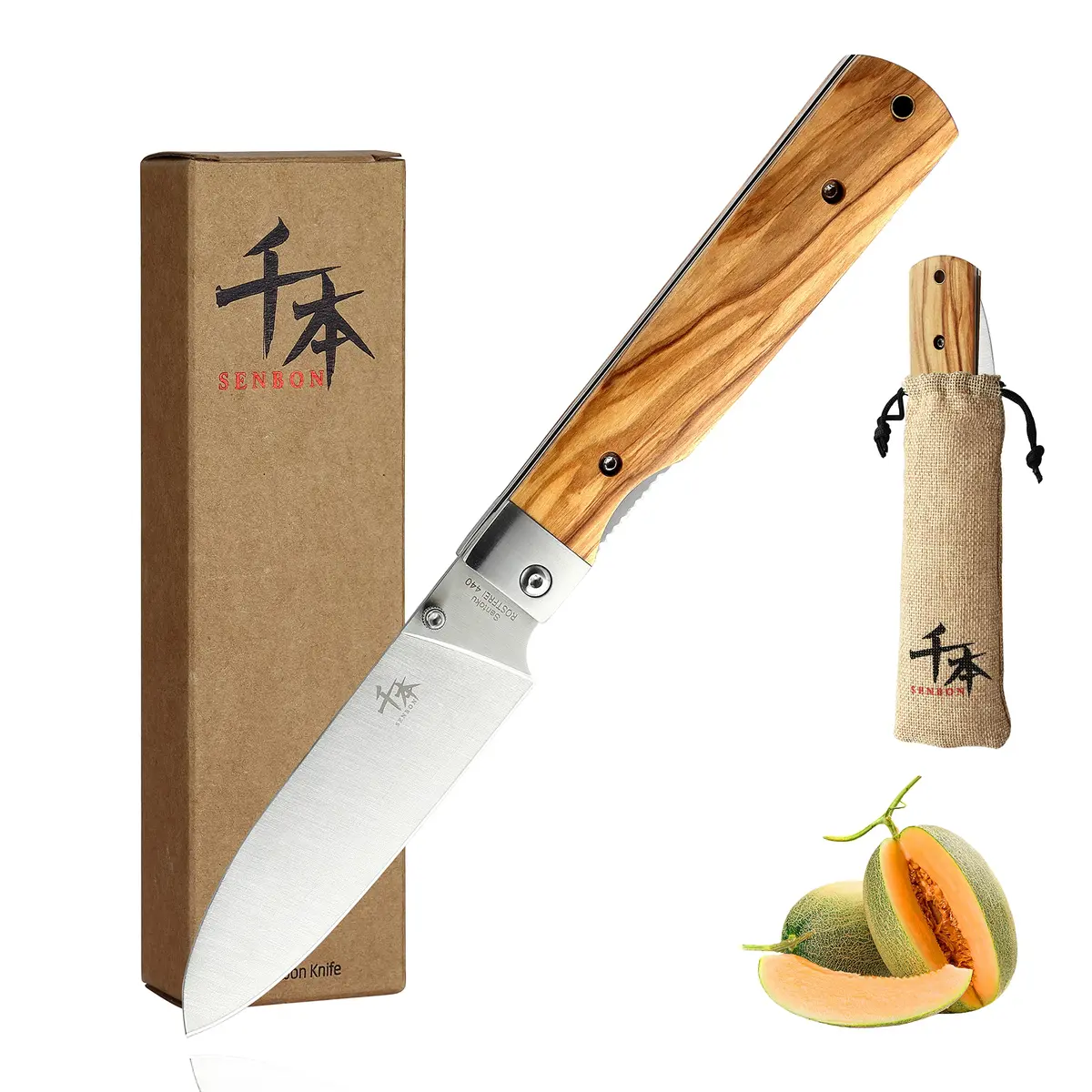 SENBON 440A Stainless Steel Folding Utility Knife 11.8cm (4.6in) Blade | Forged Blade, Olive Wood Handle - main product image