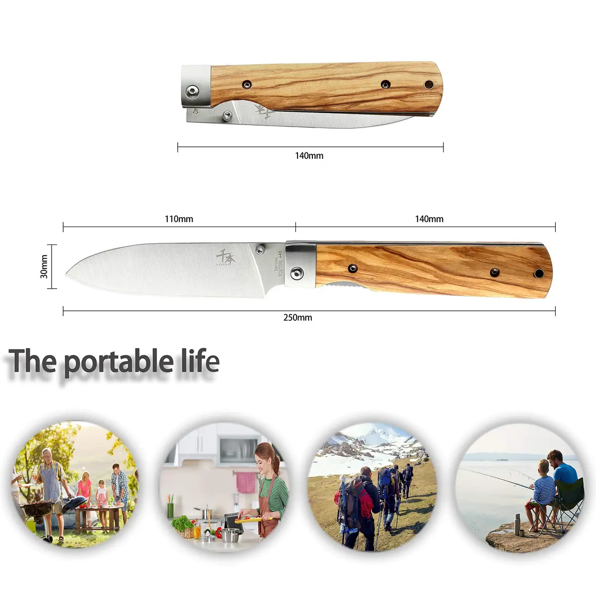 SENBON 440A Stainless Steel Folding Utility Knife 11.8cm (4.6in) Blade | Forged Blade, Olive Wood Handle - view 2