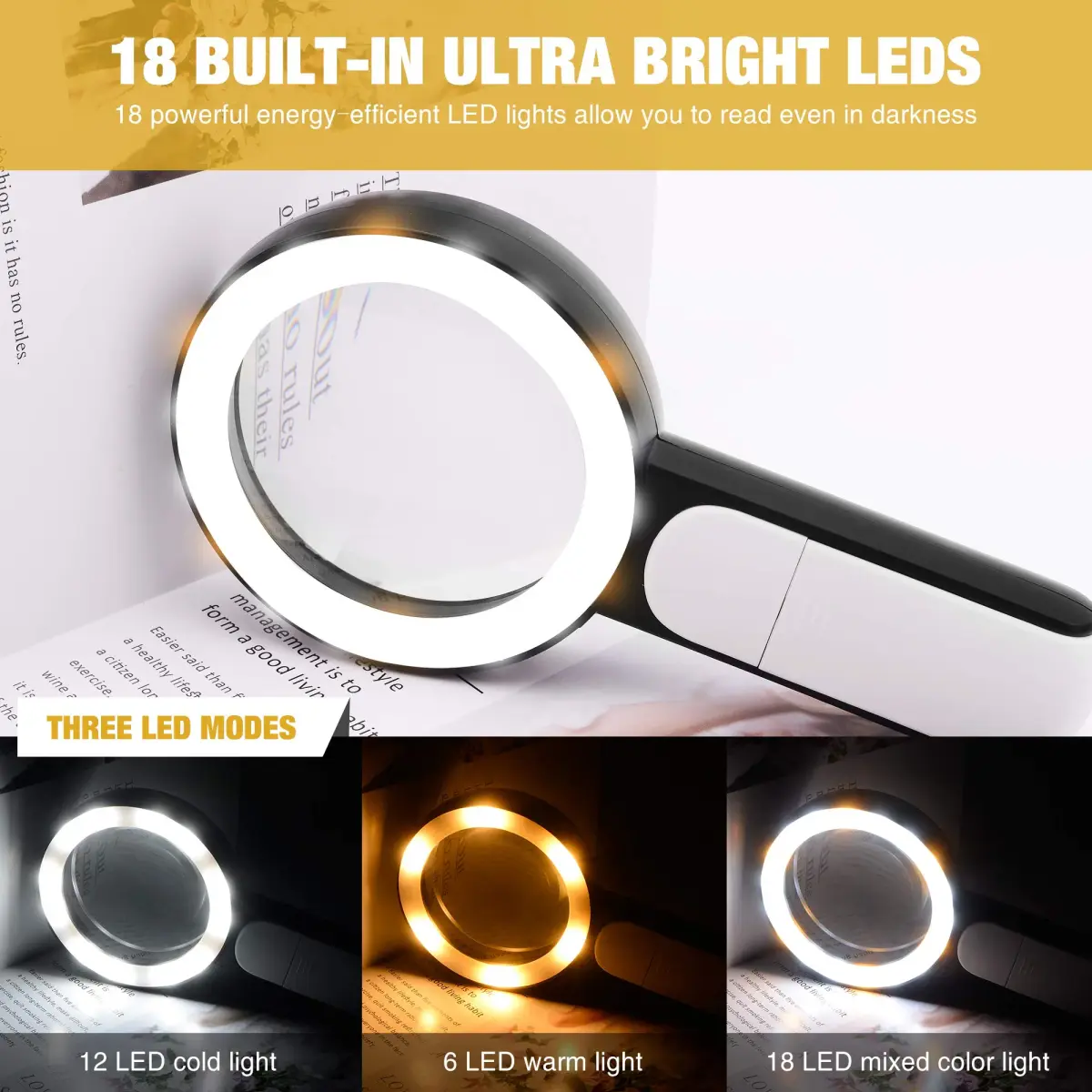 JMH Handheld Magnifying Glass with Light, 3.15" Lens | 18 LEDs, 3 Light Modes, 3x Magnification - view 5