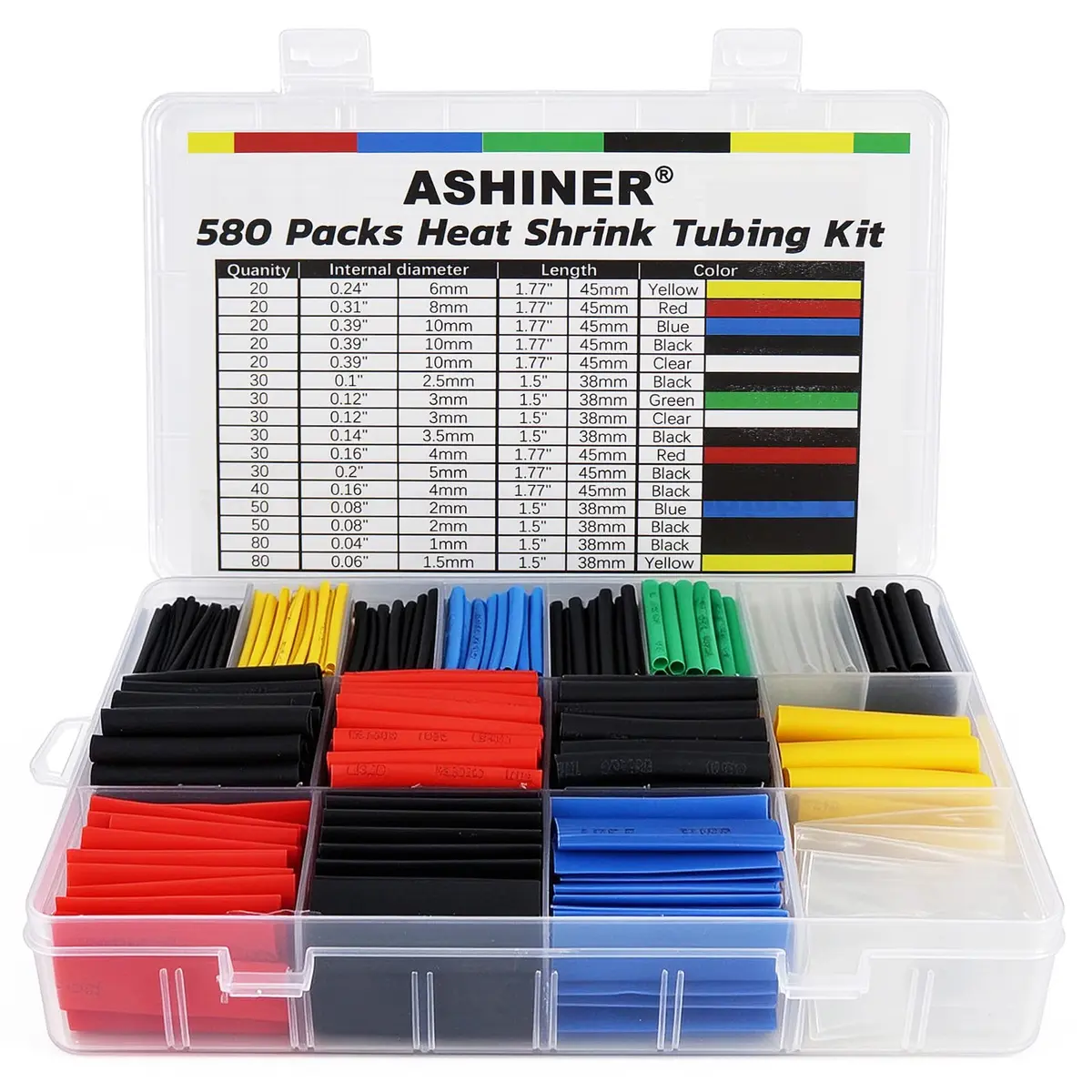 ASHINER Heat Shrink Tubing Kit - 580Pcs EVA Material in 6 Colors and 11 Sizes | Waterproof, Fire-Resistant, Easy to Use - main product image