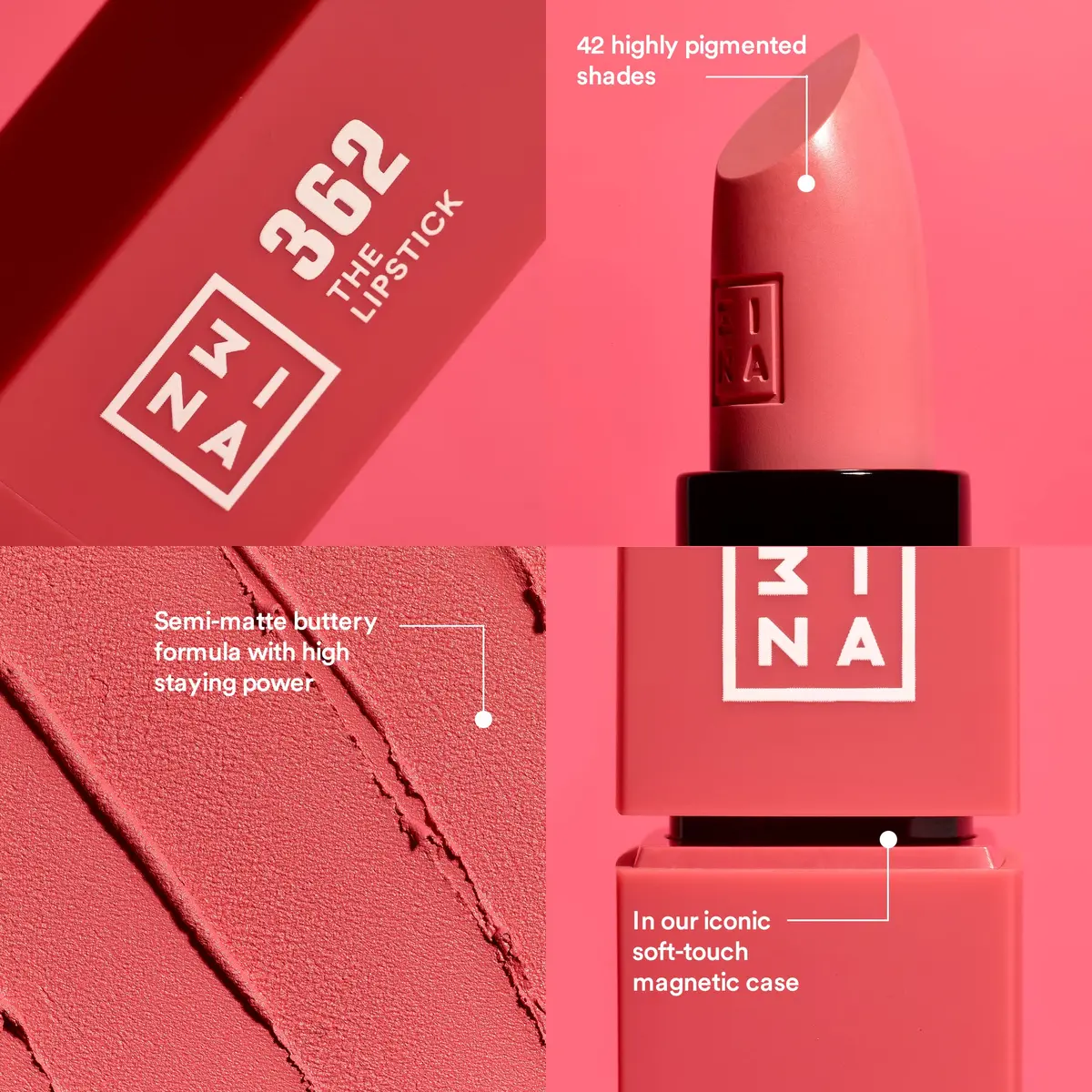 3INA Moisturizing Lipstick - Semi-Matte Satin Finish 0.16oz | Long Wear, Highly Pigmented - view 2