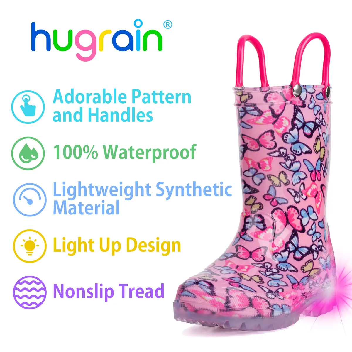 HugRain Toddler Girls Rain Boots 8 Pink Light Up Waterproof Butterfly Handles (Size 8, Pink) - view 3