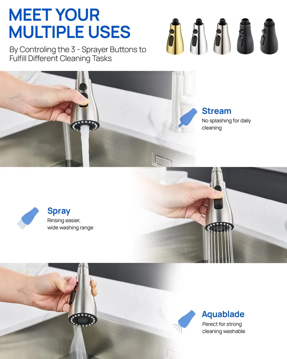 J-HVA Pull Down Kitchen Faucet Sprayer Head Replacement Part, Brushed Nickel | 3-Function Nozzle for Easy Cleaning - view 2