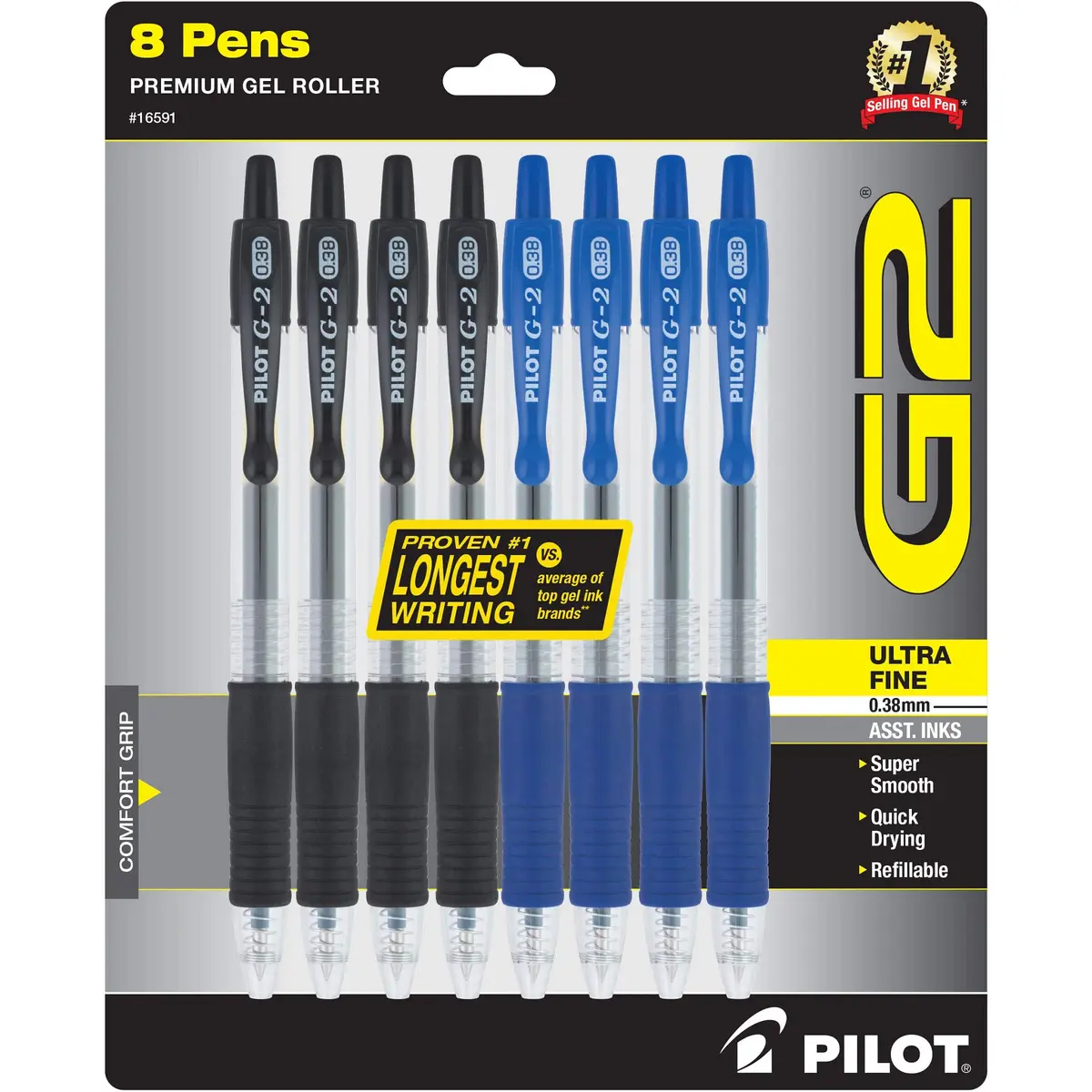 Pilot G2 Premium Retractable Gel Pens .38mm 8-Pack | Smooth, Long-Lasting, Refillable - main product image