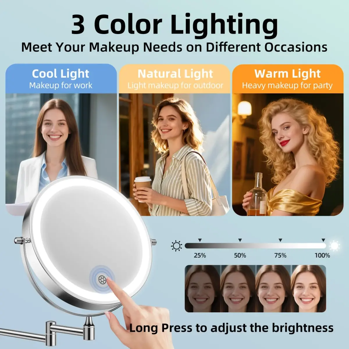 FUNTOUCH Rechargeable Wall Mounted Lighted Makeup Mirror 8 Inch (20cm) | 1X/30X Magnification, 3 Color Lights - view 4