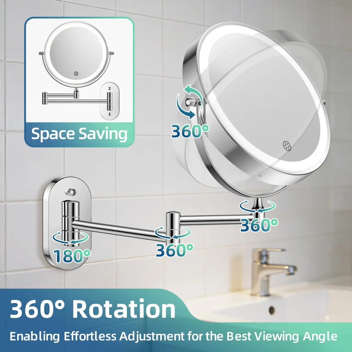 FUNTOUCH Rechargeable Wall Mounted Lighted Makeup Mirror 8 Inch (20cm) | 1X/30X Magnification, 3 Color Lights - view 5