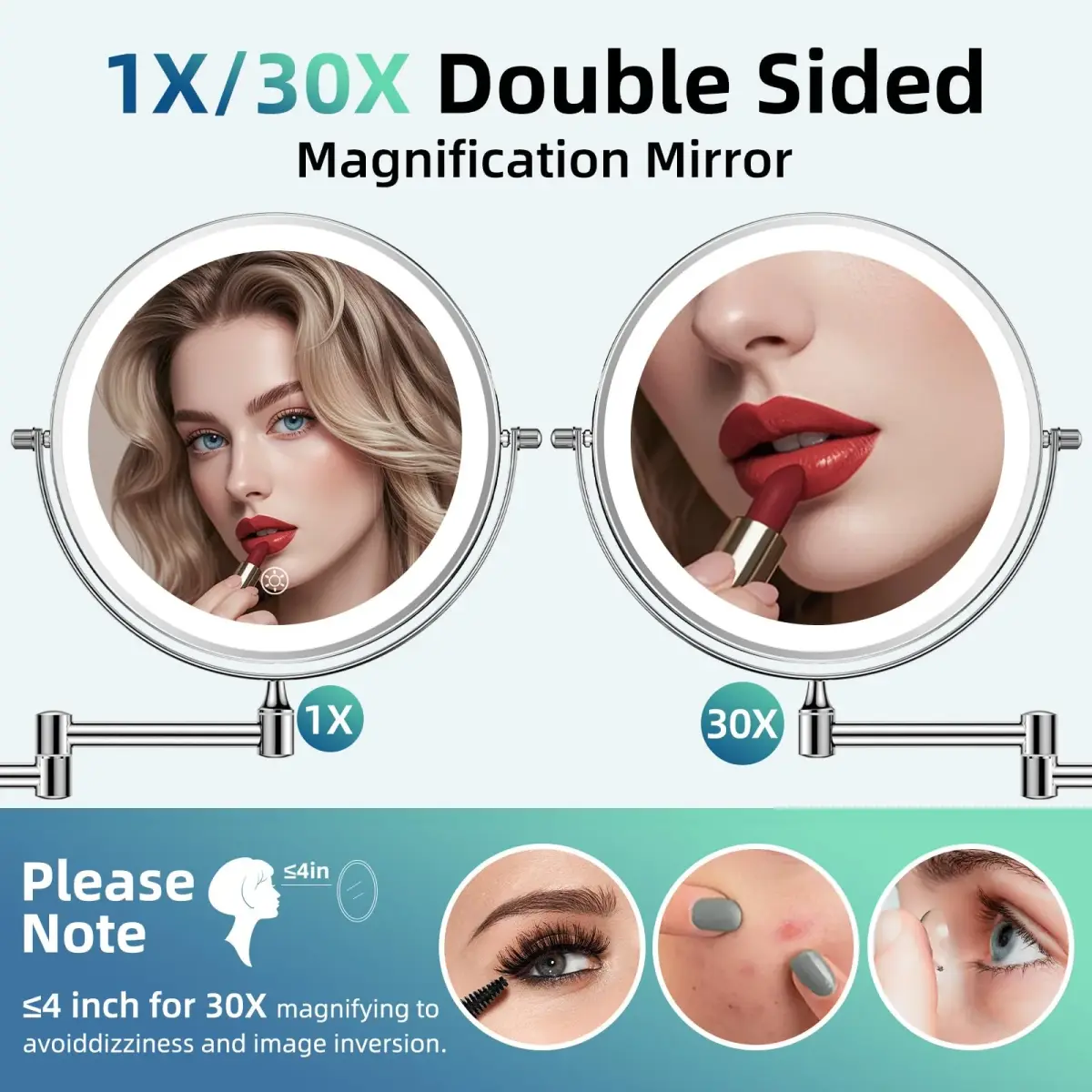 FUNTOUCH Rechargeable Wall Mounted Lighted Makeup Mirror 8 Inch (20cm) | 1X/30X Magnification, 3 Color Lights - view 3