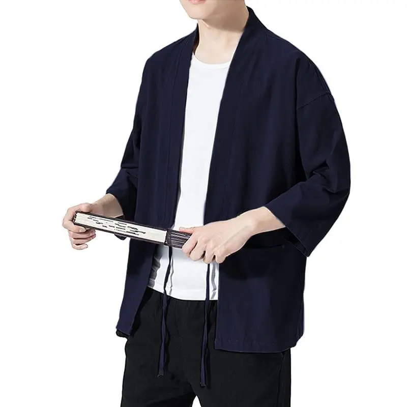 Haseil Men's Kimono Cardigan Japanese Jackets Casual Cotton 3/4 Sleeve Navy Blue M | Lightweight Linen Outwear - view 7