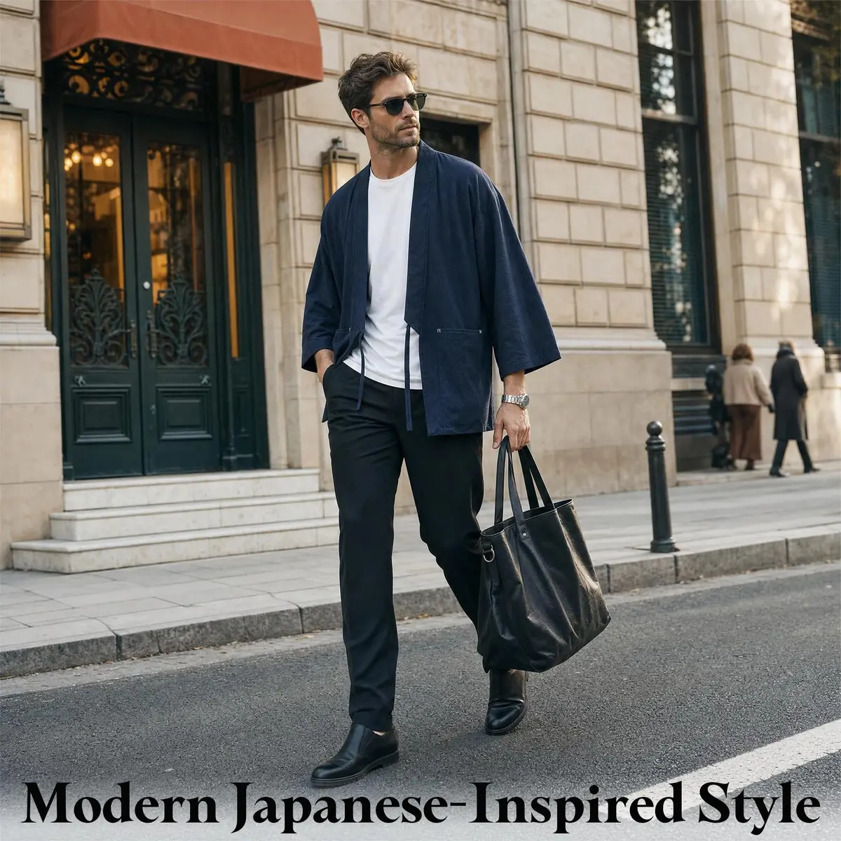 Haseil Men's Kimono Cardigan Japanese Jackets Casual Cotton 3/4 Sleeve Navy Blue M | Lightweight Linen Outwear - view 2