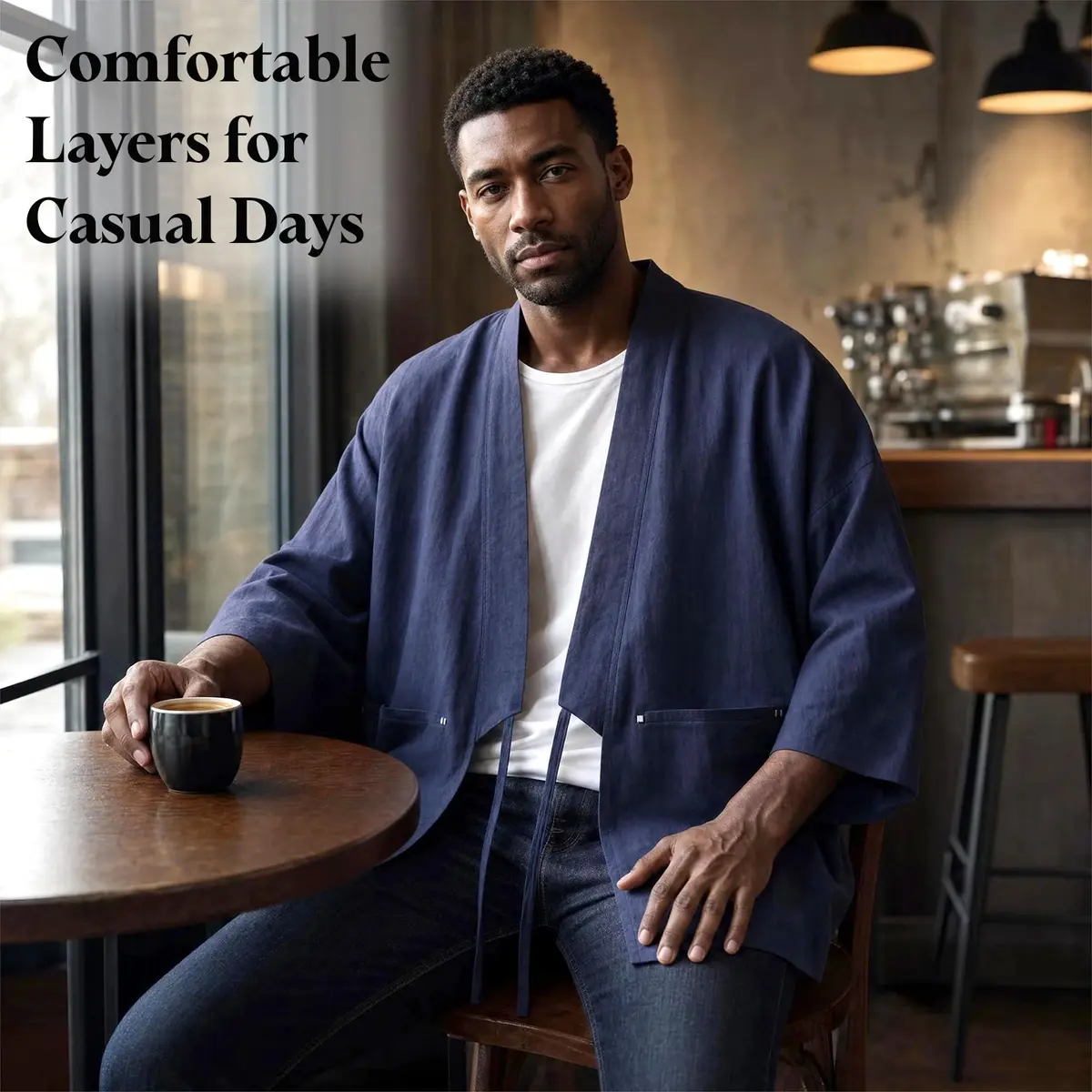 Haseil Men's Kimono Cardigan Japanese Jackets Casual Cotton 3/4 Sleeve Navy Blue M | Lightweight Linen Outwear - view 3
