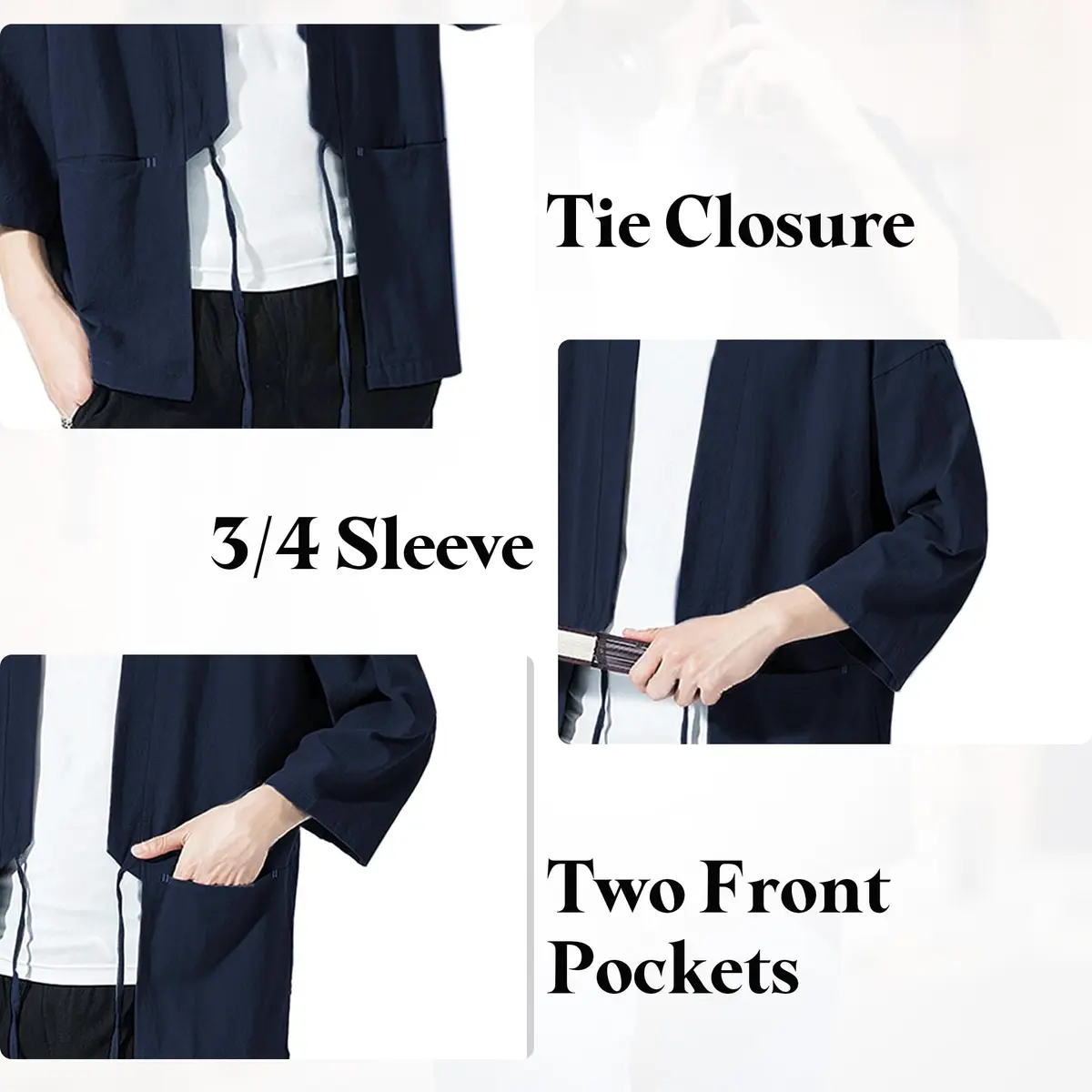 Haseil Men's Kimono Cardigan Japanese Jackets Casual Cotton 3/4 Sleeve Navy Blue M | Lightweight Linen Outwear - view 4