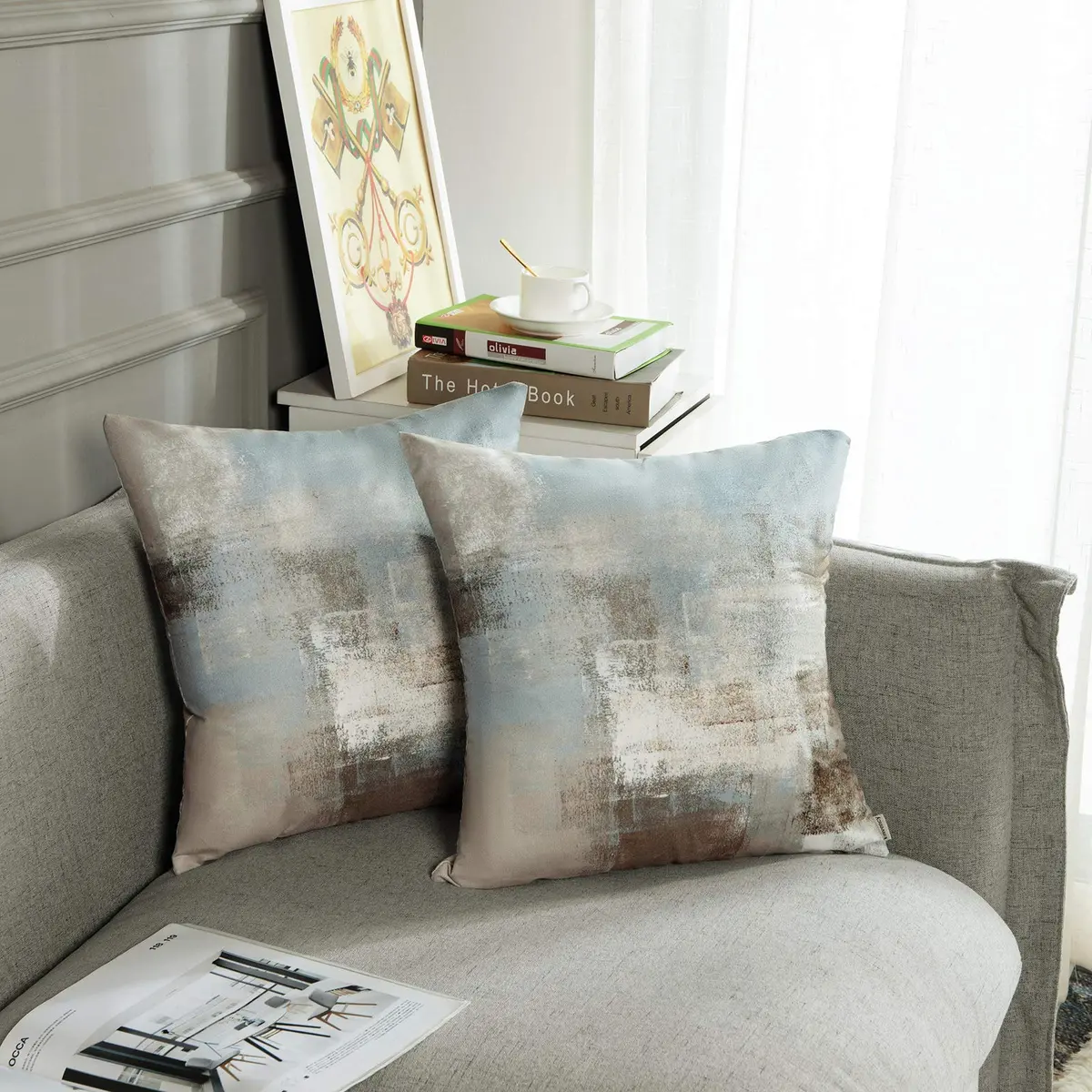 Britimes Grey Beige Teal Velvet Throw Pillow Covers Set of 2, 45cm (18 Inch) | Modern Square Cushion Cases - view 5