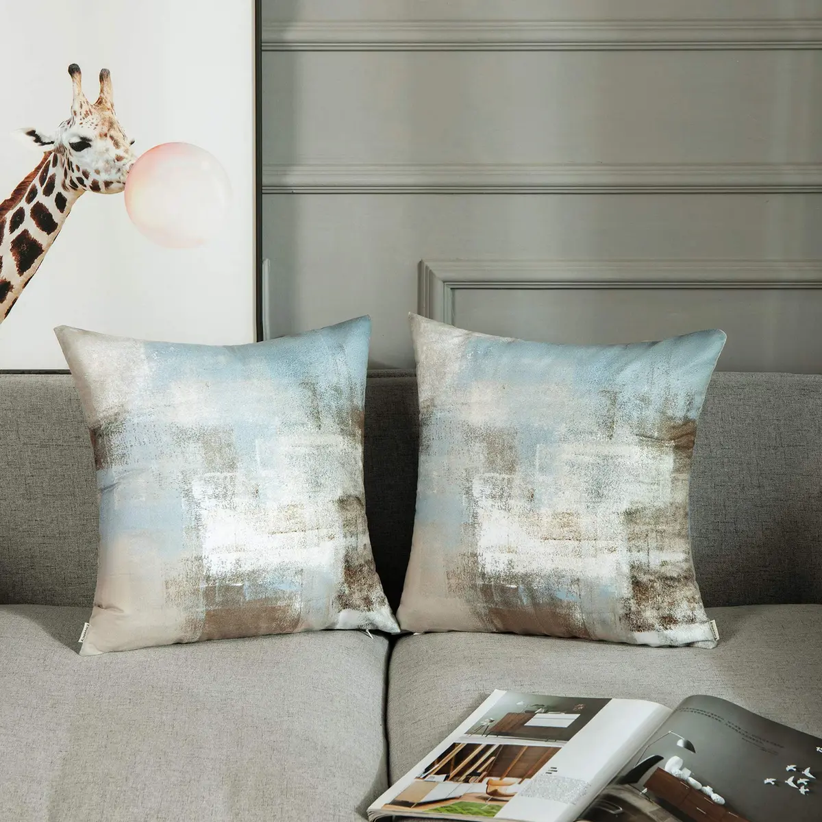 Britimes Grey Beige Teal Velvet Throw Pillow Covers Set of 2, 45cm (18 Inch) | Modern Square Cushion Cases - view 3