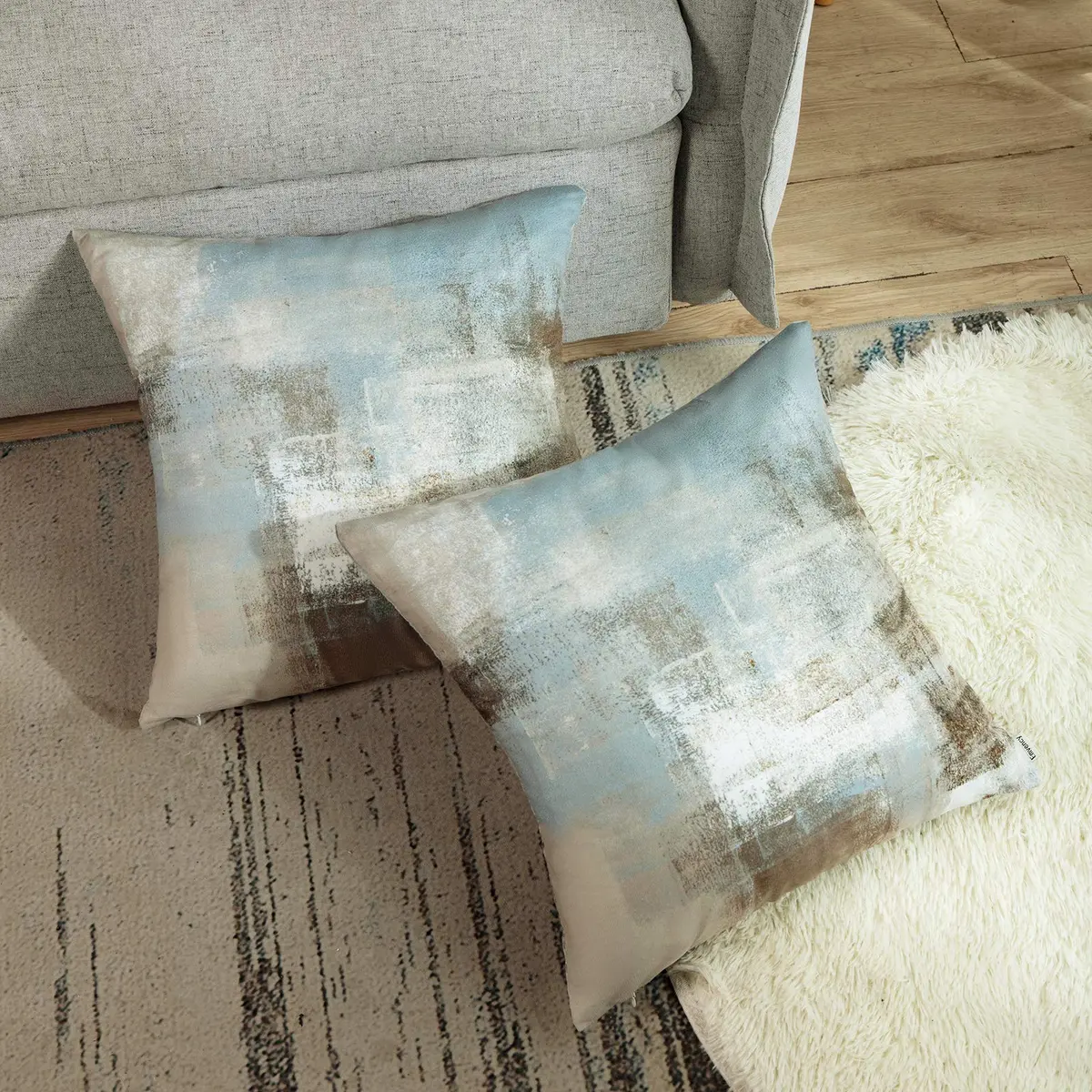 Britimes Grey Beige Teal Velvet Throw Pillow Covers Set of 2, 45cm (18 Inch) | Modern Square Cushion Cases - view 4