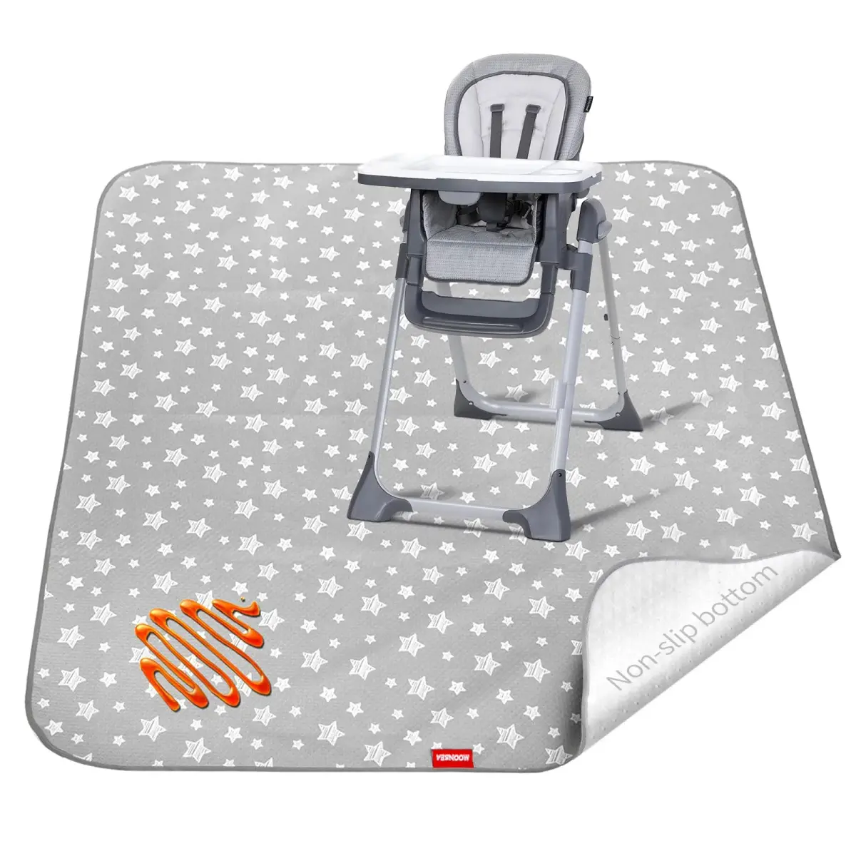 Moonsea Grey Star Splat Mat 107cm x 117cm (42"x46") | Waterproof, Non-Slip, Machine Washable for High Chairs & Playtime - main product image