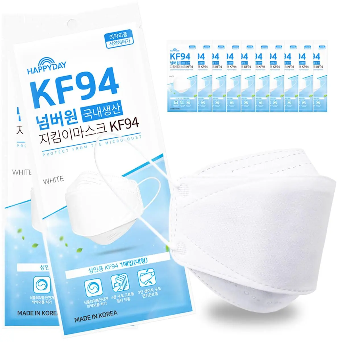 HAPPYDAY KF94 White Face Mask for Adults | 4-Ply Filter, Anti-Fog, Made in Korea - main product image