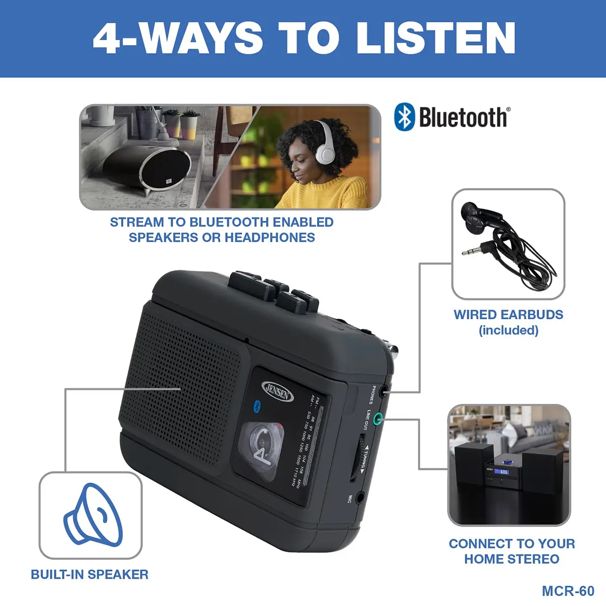 Jensen MCR-60 Portable Cassette Player/Recorder with Bluetooth & Radio | Vintage Audio in India - view 7