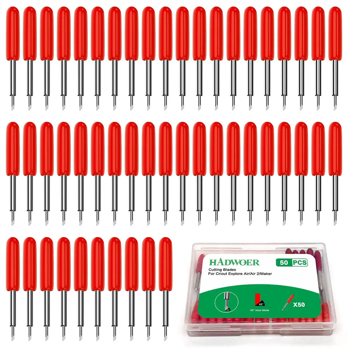 Hadwoer 50-Pack 45 Degree Fine Point Blades for Cricut Maker & Explore Air 2 | Cuts Vinyl, Cardstock, Fabric - main product image