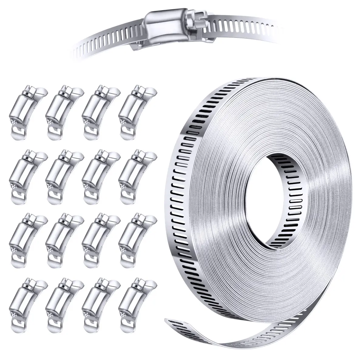 Steelsoft Stainless Steel Worm Gear Hose Clamp Assortment Kit, Cut-To-Fit | 35 ft Strap + 16 Fasteners, Max 134 inch Diameter - main product image