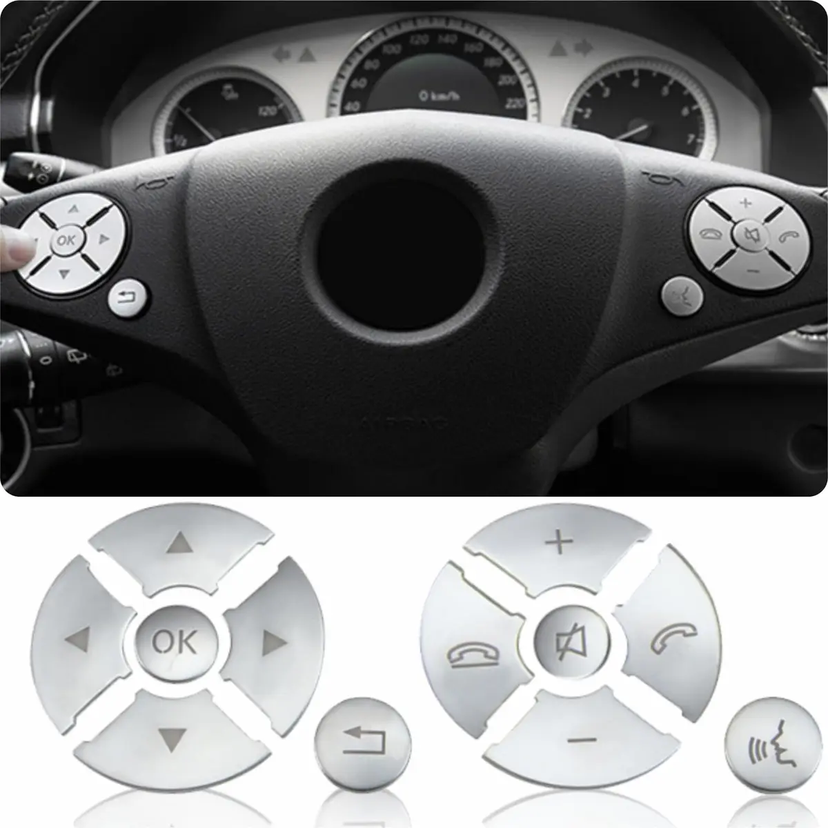 Asrnten Car Steering Wheel Button Trim Inner Decoration Silver | Compatible with Mercedes Benz Models - main product image
