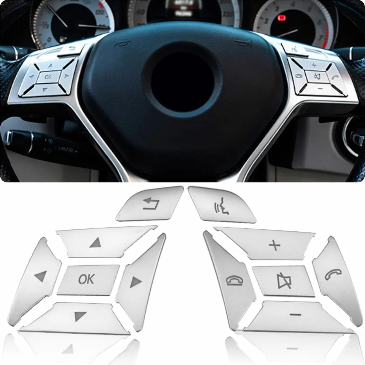 Asrnten Car Steering Wheel Button Trim Inner Decoration Silver Model D | Compatible with Mercedes Benz Models (70-120c) - main product image