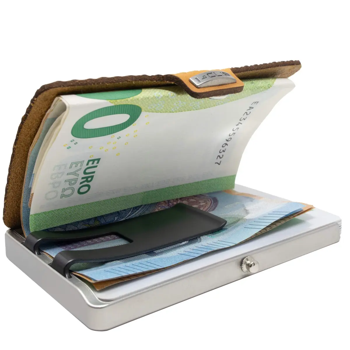 I-CLIP Stainless Steel Moneyclip Slim Wallet with Leather Cardholder - Blasted Milanaise Desert - 5.99 cm (2.36 in) Width - view 3