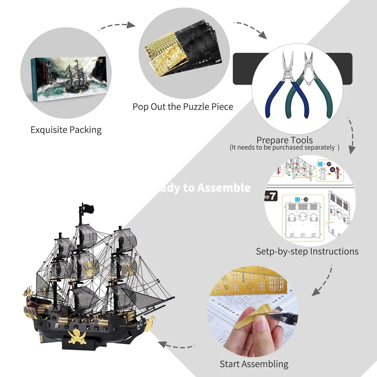 Piececool Black Pearl Pirate Ship 3D Metal Puzzle Model Kit 307 Pieces | Challenging DIY Craft for Adults & Teens - view 6