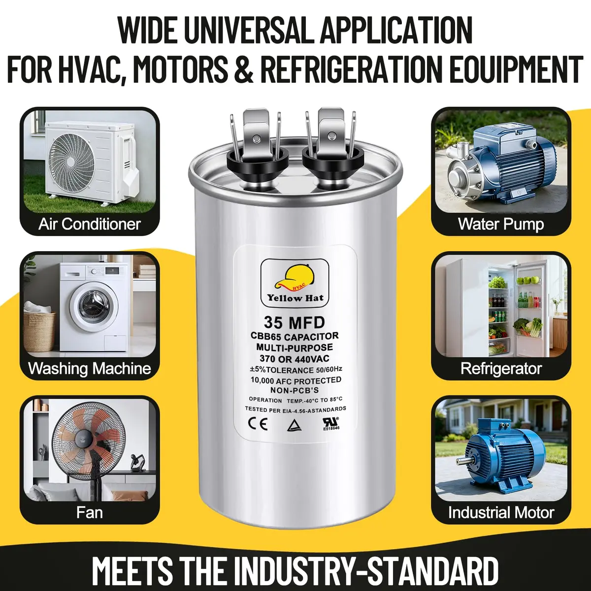 HVAC YELLOW HAT 35uF 35MFD Round Run Capacitor 5.68cm (2.25") x 10.11cm (3.93") | Universal 370V/440V AC Motor Start - view 6