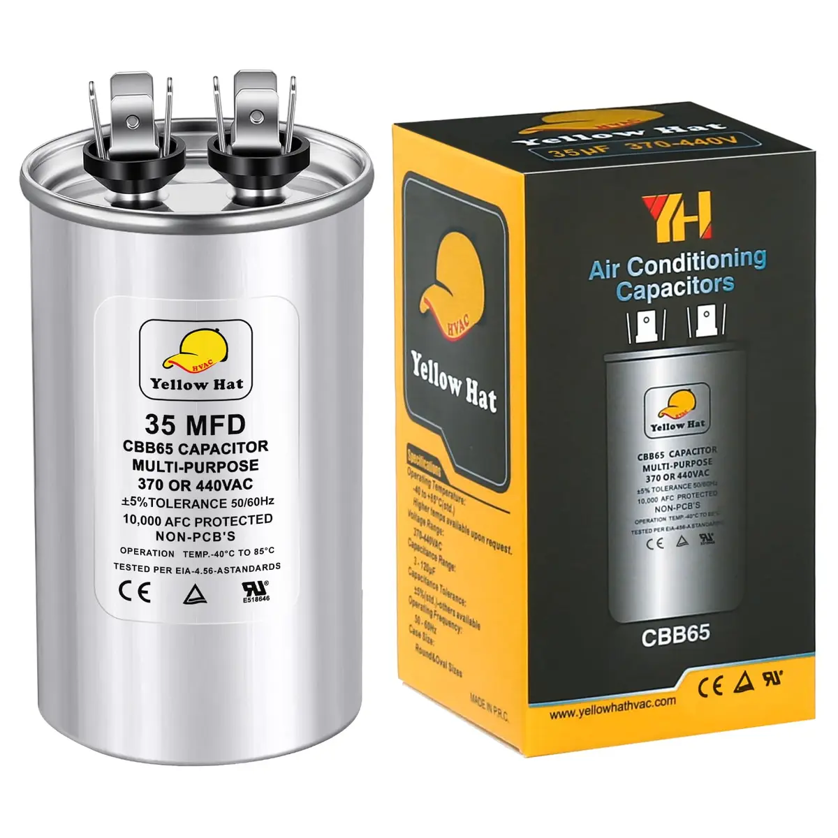 HVAC YELLOW HAT 35uF 35MFD Round Run Capacitor 5.68cm (2.25") x 10.11cm (3.93") | Universal 370V/440V AC Motor Start - main product image