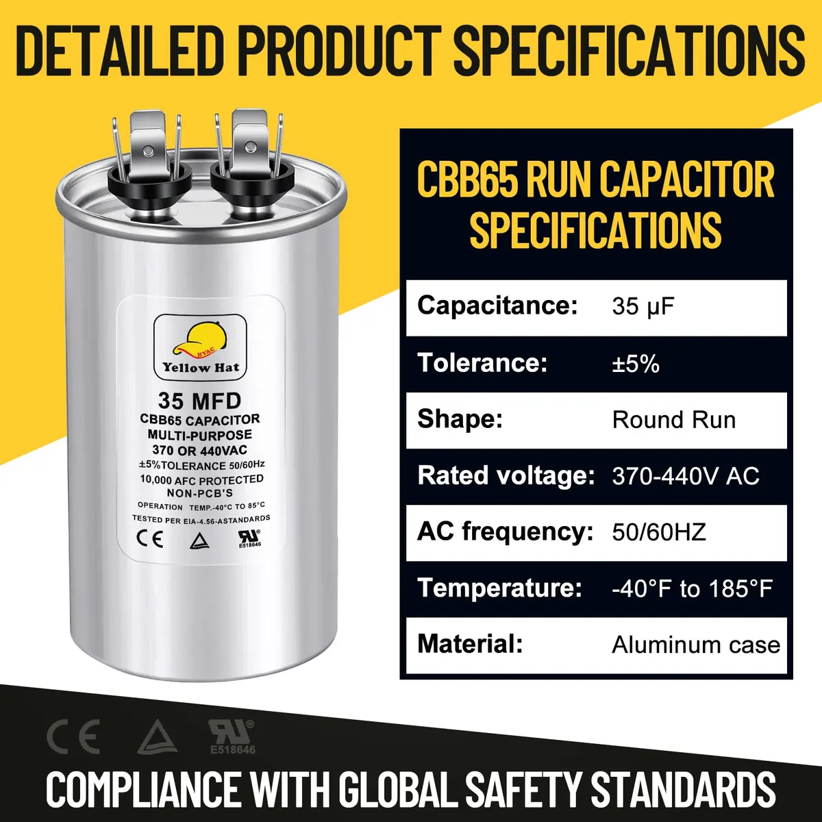 HVAC YELLOW HAT 35uF 35MFD Round Run Capacitor 5.68cm (2.25") x 10.11cm (3.93") | Universal 370V/440V AC Motor Start - view 7