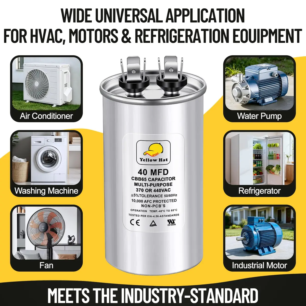 HVAC YELLOW HAT 40 uF 40 MFD ±5% 370V/440V Round Motor Run Capacitor | 5.58cm (1.97") Dia x 11.98cm (3.94") H - view 6