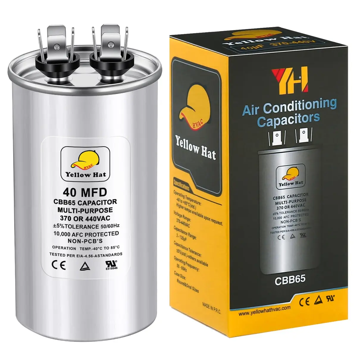 HVAC YELLOW HAT 40 uF 40 MFD ±5% 370V/440V Round Motor Run Capacitor | 5.58cm (1.97") Dia x 11.98cm (3.94") H - main product image