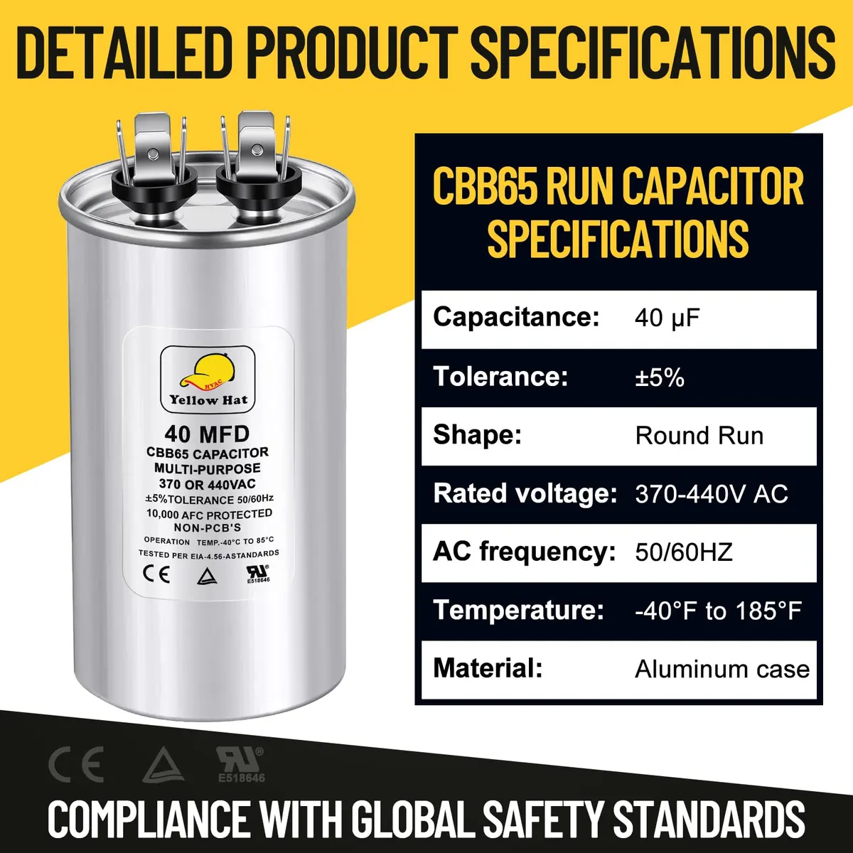 HVAC YELLOW HAT 40 uF 40 MFD ±5% 370V/440V Round Motor Run Capacitor | 5.58cm (1.97") Dia x 11.98cm (3.94") H - view 7