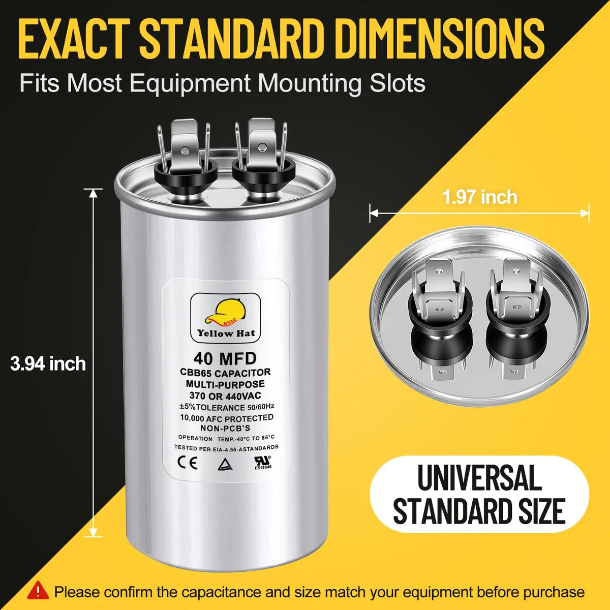 HVAC YELLOW HAT 40 uF 40 MFD ±5% 370V/440V Round Motor Run Capacitor | 5.58cm (1.97") Dia x 11.98cm (3.94") H - view 2