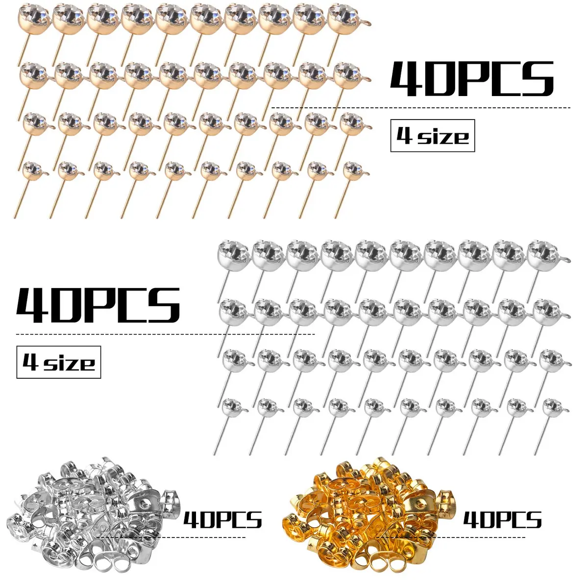 Aylifu Hypoallergenic Earring Posts Studs with Loops & Butterfly Backs, Gold & Silver, 4 Sizes (80pcs Total) - view 2