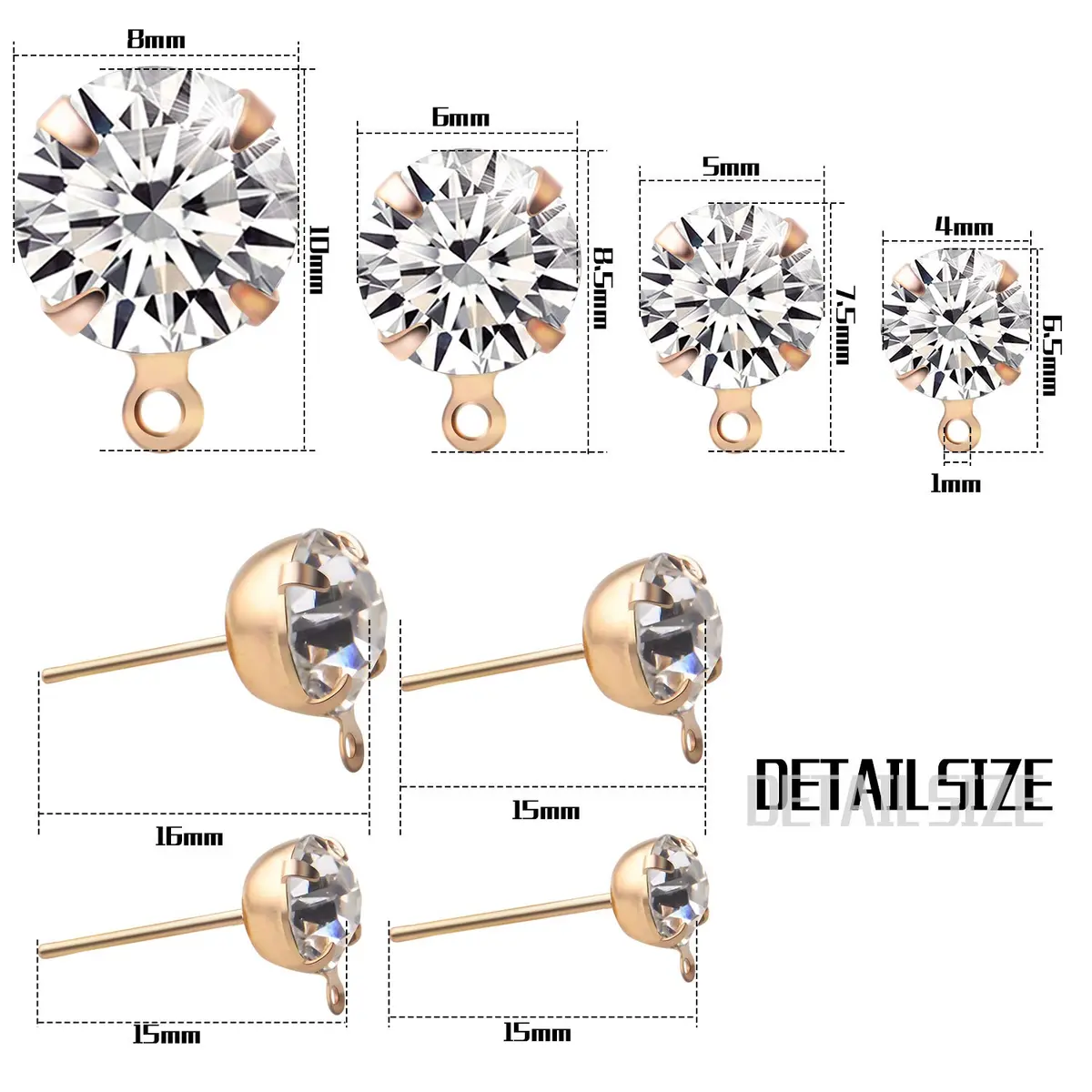 Aylifu Hypoallergenic Earring Posts Studs with Loops & Butterfly Backs, Gold & Silver, 4 Sizes (80pcs Total) - view 3